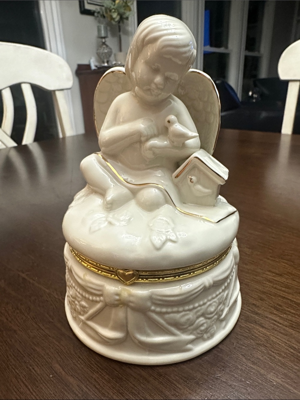 Collectible Ceramic Gold Trimmed Angel With Birds Trinket Box